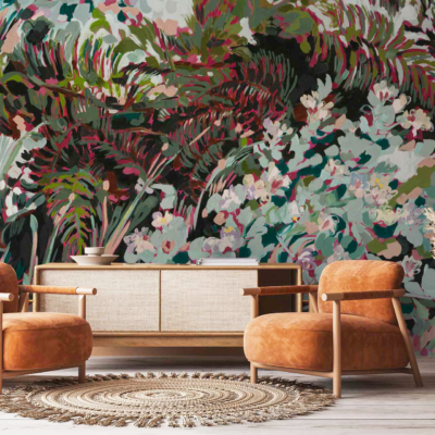 Vibrant floral-patterned wall mural with bursts of red, pink, orange, and yellow hues; inspired by the Abstract Pincushion Proteas collection.