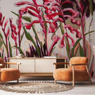 A vibrant mural featuring pink and red flowers dominates the wall, inspired by the Response Series.