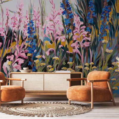 A vibrant mural featuring tall pink and blue Abstract Pincushion Proteas.