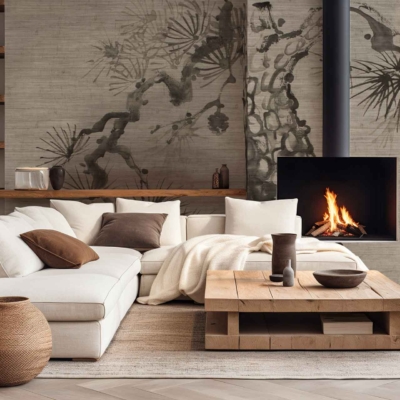 A modern fireplace is integrated into a textured wall featuring an artistic Japanese nature mural, characterized by intricate details of cherry blossoms, bamboo, and serene mountain scapes in a palette of soft pastels, rich greens, and earthy browns.