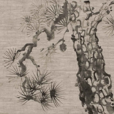 A traditional Japanese ink painting on a textured background features intricate, flowing branches and pine needles in shades of black and gray. Delicate brushstrokes capture the natural form and movement of the stylized tree. The wallpaper emphasizes detailed design with varying monochromatic tones.