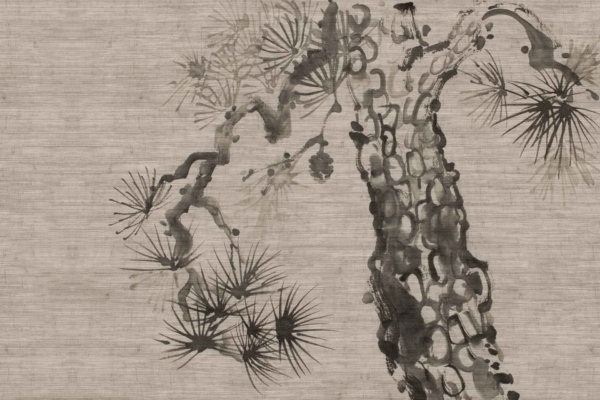 A traditional Japanese ink painting on a textured background features intricate, flowing branches and pine needles in shades of black and gray. Delicate brushstrokes capture the natural form and movement of the stylized tree. The wallpaper emphasizes detailed design with varying monochromatic tones.