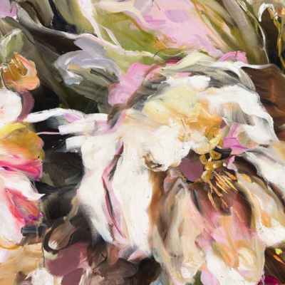 Abstract wallpaper featuring a vibrant blend of soft pink, white, green, and brown brushstrokes. Fluid composition with floral elements, dynamic swirling textures, and layered depth creating calm movement.