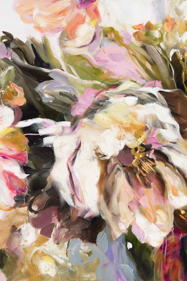 Abstract wallpaper featuring a vibrant blend of soft pink, white, green, and brown brushstrokes. Fluid composition with floral elements, dynamic swirling textures, and layered depth creating calm movement.
