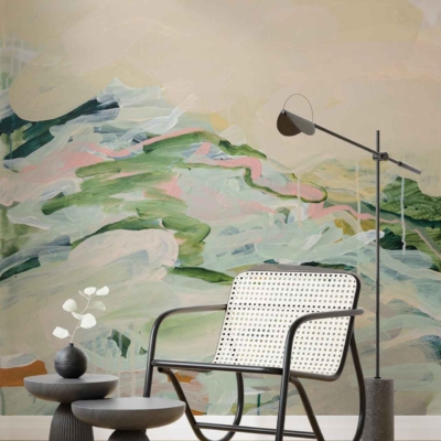 Abstract multicolored wall mural, pastel shades of green, pink, and beige, dancing across the surface.