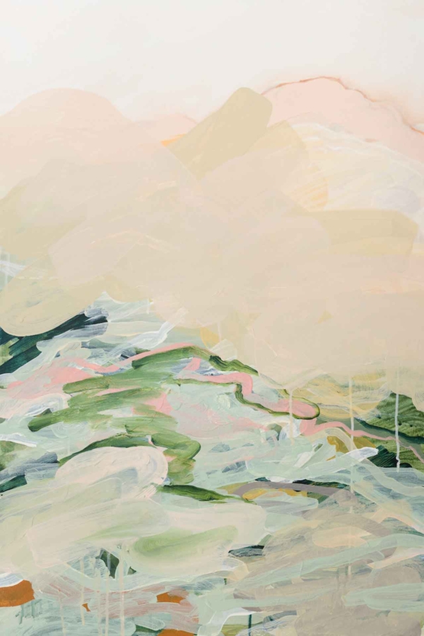 Abstract wallpaper featuring muted pastel shades of green, pink, and beige. Soft, blended appearance with swirling and overlapping brushstrokes suggesting a serene landscape. Pale patches at the top hint at a hazy sky or distant mountains. Elements include gentle swirls, overlapping colors, and a tranquil nature-inspired design.
