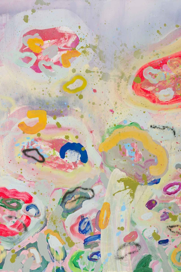 Abstract wallpaper features colorful, organic shapes in vibrant red, pink, blue, yellow, and green against a light, textured background. The design resembles whimsical, abstract flowers or fungi with splatters and drips adding dynamic movement. It evokes a sense of vulnerable beauty through its playful and intricate composition.