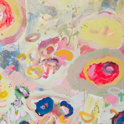 Abstract wallpaper with vibrant colors and dynamic shapes reminiscent of a dance performance. Features large, swirling patches of red, pink, yellow, and blue. Includes interspersed splatters and rings creating an energetic feel against a background of lighter hues.