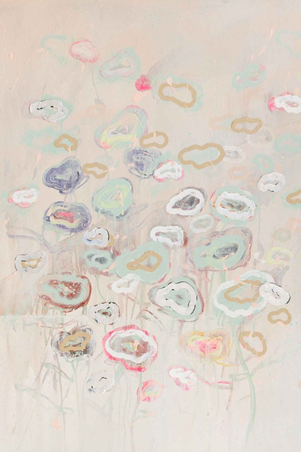 A pastel-colored abstract wallpaper featuring swirling, flower-like shapes set against a soft beige background with light splashes of color. The design incorporates shades of white, pink, blue, and green, creating a dreamy and whimsical effect reminiscent of a graceful dance performance.