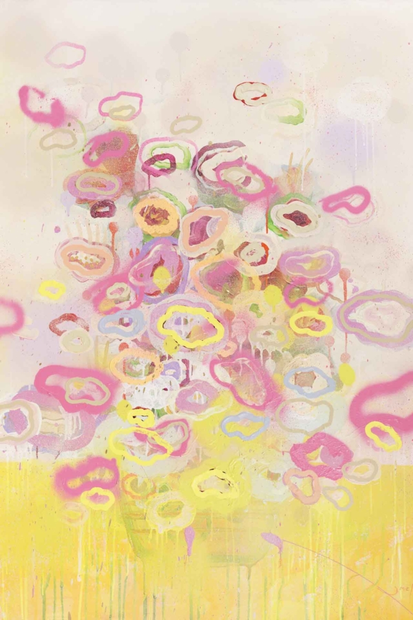 Abstract wallpaper titled "The Dance": Features circular shapes in pink, yellow, and green with paint splashes and drips. Background is a soft pastel gradient. Base color is vibrant yellow. Energetic and whimsical feel.