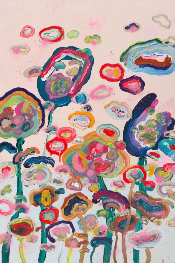 A vibrant abstract wallpaper with colorful, swirling flowers of various shapes and sizes. Background is light off-white with pastel splashes, creating a whimsical garden scene. Elements include enchanting ballet-like flower patterns, lively hues, and dynamic design.
