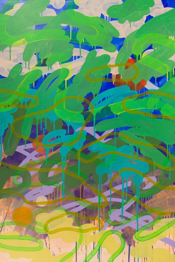 This wallpaper showcases an abstract painting with vivid layers of greens, blues, and purples. It features interwoven, curving lines and dripping paint effects. The composition exudes an organic yet chaotic feel, blending a forest-like palette with urban graffiti elements that capture the dynamic rhythm and energy of a dance performance.