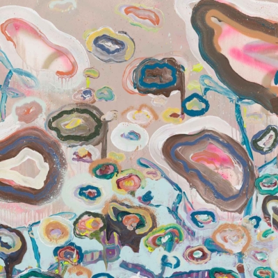 Abstract wallpaper featuring a vibrant array of colorful, swirling shapes that resemble flowers or eyes. The background blends soft pastel shades with dynamic brushstrokes, creating texture and depth. Lively composition evokes a sense of artistic dance. Key elements include floral shapes, eye-like motifs, pastel hues, and expressive brushwork.