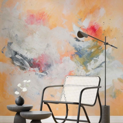 A vibrant wallpaper features an abstract painting with bold colors: orange, white, red, gray, and green. The design evokes the dynamic essence of theater performance artistry.