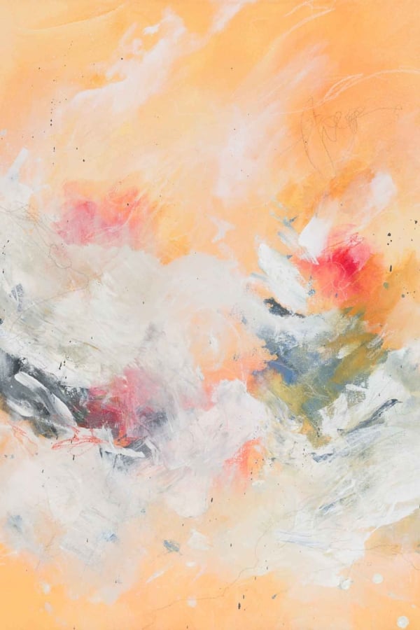 Swirling abstract wallpaper with white, grey, and red brushstrokes against a warm, light orange background. Dynamic composition with fluid movement reminiscent of a dance. Subtle hints of green and blue integrated amidst brighter colors.