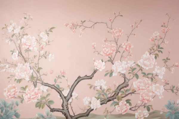 Wallpaper featuring a delicate painting of a flowering tree with light pink blossoms on twisting branches against a soft pink background. Green leaves provide contrast and depth to the serene scene, creating a dreamy, rose-like ambiance.