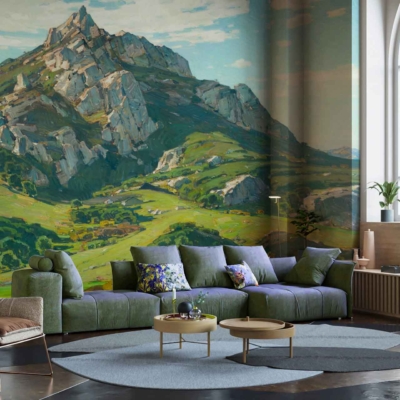 Mountain landscape mural: serene, large. Elements: mountains, trees, sky. Colors: blues, greens, white. Prominent natural scenery creating a calming backdrop.
