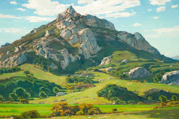 A vibrant landscape wallpaper features a majestic mountain with rugged, rocky peaks under a blue sky with white clouds. The foreground showcases rolling green hills dotted with trees and bushes. Serene scene, natural beauty, extraordinary detail, majestic mountains, rocky peaks, blue sky, white clouds, green hills, trees and bushes.