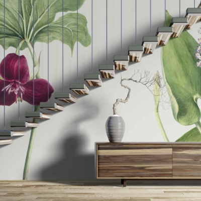 The wallpaper showcases large, vibrant botanical illustrations inspired by 18th-century French history. Key elements include a deep red flower and lush green leaves.