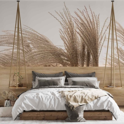 The wallpaper features a large mural of tall grasses, reminiscent of historical French fields. It emphasizes earthy tones such as muted greens, pale yellows, and soft browns. The design gives a natural, serene aesthetic to the room with its depiction of swaying grass and delicate wheat heads. Hints of gray might be present to add depth and shadowing within the grassy field image.