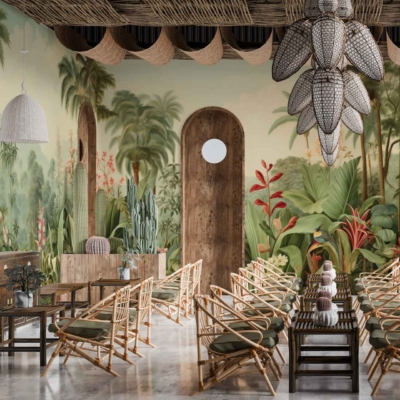 The wallpaper features vibrant murals of green foliage and tropical plants. Key elements include lush palm leaves, exotic flowers in shades of vibrant reds, oranges, and yellows, and intertwining vines. The dominant color palette comprises rich greens with accents of earthy browns and occasional bright splashes from the tropical blooms.
