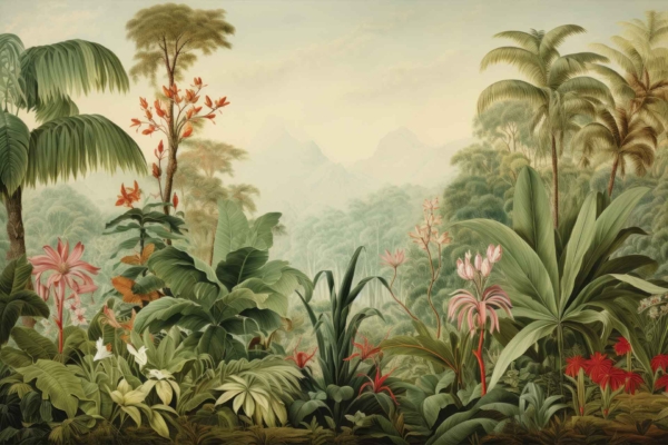 Wallpaper: Lush tropical jungle scene, reminiscent of the Spice Route. Features various plants and trees with thick green foliage. Brightly colored flowers: red, pink, white blooms. Tall trees with broad leaves in the background against a misty sky and distant mountains. Key elements: tropical plants, vibrant flowers, tall trees, misty sky, distant mountains. Color highlights: green foliage, red flowers, pink flowers, white blooms.