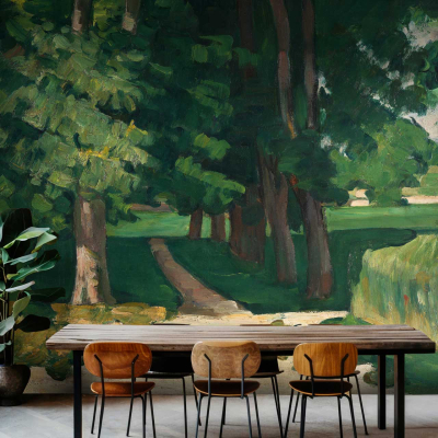 Lush forest path mural with greenery, trees, and serene atmosphere. Shades of green, brown trunk patterns, dappled sunlight effects.