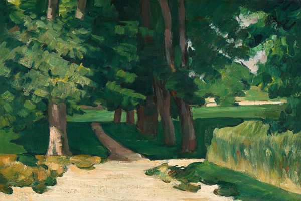 The wallpaper showcases a lush, green landscape with a narrow, winding path shaded by tall trees. The dense foliage is vibrant green, with sunlight filtering through the leaves creating dappled light effects on the path. Rich greens and browns dominate the serene and tranquil scene.