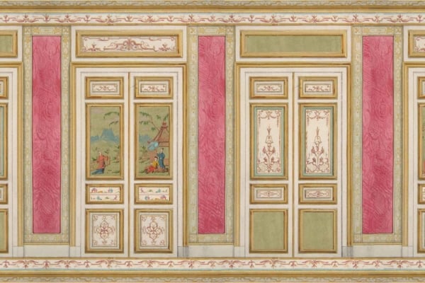 Intricately designed wallpaper with ornate panels, featuring red, green, and gold accents. Central panels depict pastoral scenes with people in traditional attire near a tree and a windmill. Surrounding sections display elaborate patterns and decorative motifs inspired by the French Revolution.