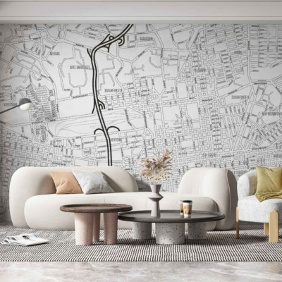 The wallpaper in the modern living room features a large map mural, rich with intricate, maze-like streets and pathways reminiscent of 
