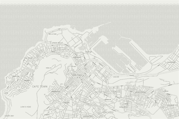 The detailed line map of Cape Town wallpaper features:
- Major streets and neighborhoods outlined in fine, clear lines.
- Prominent landmarks like Table Mountain, Lion's Head, and the V&A Waterfront depicted.
- Coastal areas and docks distinctly marked.
- Green Point area highlighted prominently along with the central business district (CBD).
- Surrounding regions carefully mapped out.
- Roads are clearly named for easy navigation.

**Elements:**
1. **Lines:** Fine, clear outlines for roads and geographical features.
2. **Landmarks:** Distinct symbols or labels for major landmarks such as Lion's Head.
3. **Colors:** Subtle shades to differentiate areas—typically muted tones like grey or beige for roadways, light blue for coastal areas.

**Search Function Keywords:**
Cape Town map wallpaper
Major streets Cape Town
Green Point CBD map details
Lion's Head surrounding regions
Coastal areas docks depiction