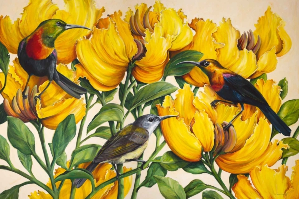 Wallpaper features three vibrant birds amidst large yellow tulip-like flowers. Birds are iridescent red and green (upper left), grayish (lower), and bold orange and black (upper right). Captures essence of eternal sunshine with colorful, lively design.