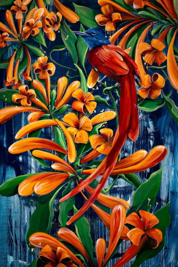 Vibrant wallpaper features a red long-tailed bird, blooming orange flowers, green leaves, and a dark blue background. Detailed feathers and petals create a lively, colorful scene of eternal sunshine.