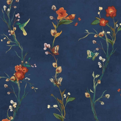 Vertical floral vines wallpaper features a dark blue background adorned with red and white flowers. Hummingbirds and butterflies are interspersed among the blooms, adding a whimsical touch to the nature-inspired pattern. The design emphasizes elements such as vertical vines, red and white flowers, dark blue backdrop, hummingbirds, and butterflies.