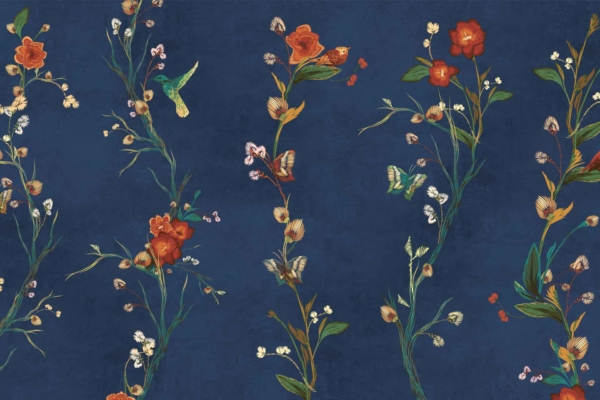 Vertical floral vines wallpaper features a dark blue background adorned with red and white flowers. Hummingbirds and butterflies are interspersed among the blooms, adding a whimsical touch to the nature-inspired pattern. The design emphasizes elements such as vertical vines, red and white flowers, dark blue backdrop, hummingbirds, and butterflies.