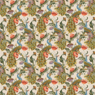 Wallpaper pattern featuring peacocks with multicolored feathers, intricate foliage, flowers in shades of green, orange, pink. Light beige background. Ocean's gift-inspired design. Seamless repetition pattern.