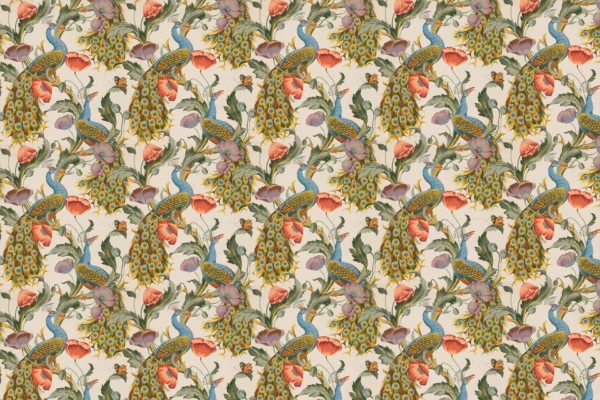 Wallpaper pattern featuring peacocks with multicolored feathers, intricate foliage, flowers in shades of green, orange, pink. Light beige background. Ocean's gift-inspired design. Seamless repetition pattern.