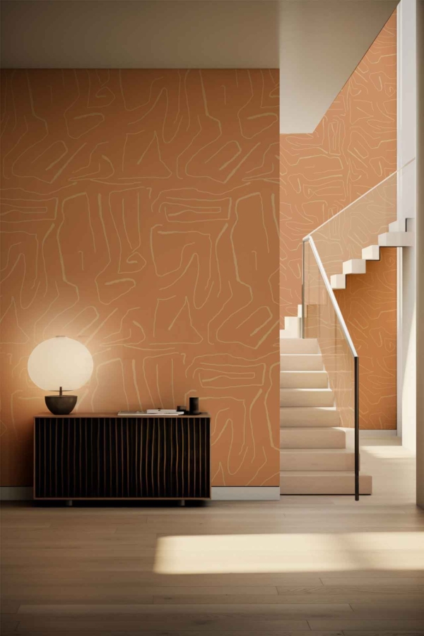 Textured orange wallpaper adorned with abstract patterns of narrow lines. Bright, warm tone with dynamic, linear designs adds depth and energy to the space.