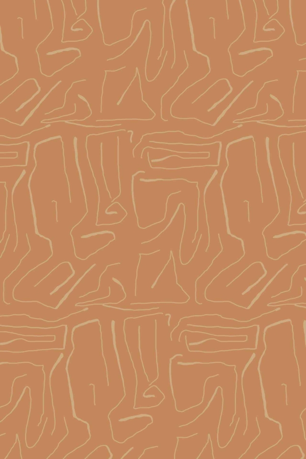 Abstract pattern with narrow, wavy lines in pale yellow on a solid, warm orange background. The design features repetitive, organic shapes suggesting a maze-like or labyrinthine appearance. Key elements: narrow wavy lines, pale yellow color, solid warm orange background, organic shapes.