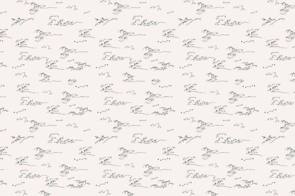 A seamless wallpaper pattern showcasing delicate, hand-drawn mountains, rivers, and clouds on a light background. The sketchy, minimalist design evokes the tranquility of a traditional Japanese landscape painting with gentle waves creating an airy atmosphere. Predominantly features soft grays and whites with subtle pastel blue accents.