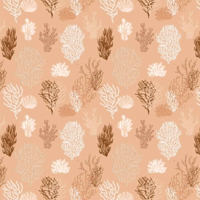 Illustration of various coral designs in shades of brown, beige, and off-white, scattered evenly on a light brown background. The coral patterns vary in shape and size, creating a seamless, ocean-themed textile or gift-worthy wallpaper design. Elements: coral designs (varied shapes/sizes), shades of brown, beige, off-white; Background: light brown.