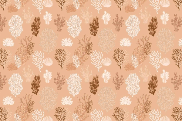 Illustration of various coral designs in shades of brown, beige, and off-white, scattered evenly on a light brown background. The coral patterns vary in shape and size, creating a seamless, ocean-themed textile or gift-worthy wallpaper design. Elements: coral designs (varied shapes/sizes), shades of brown, beige, off-white; Background: light brown.