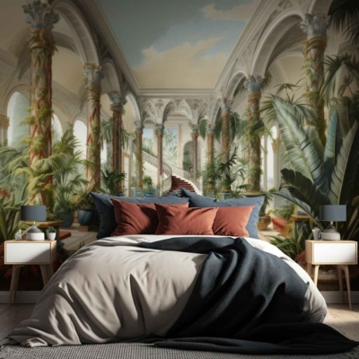 The wallpaper displays a stunning mural of the Palace of Dreams, featuring ornate tropical-themed elements with lush greenery and towering columns. It showcases intricate designs in vibrant greens, soft golds, and earthy browns.