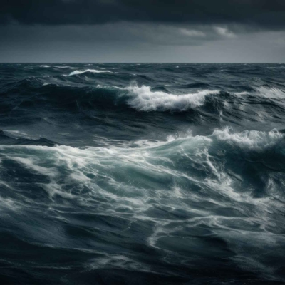 A dark, stormy ocean wallpaper featuring tumultuous waves clashing violently under an overcast sky. The rough seas create an air of drama and impending chaos, with choppy, wild water in deep blues and grays. Dark clouds loom overhead, enhancing the moody atmosphere.