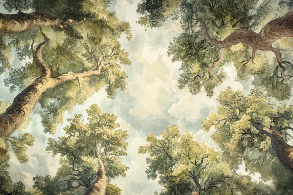 Wallpaper features a rich tapestry of lush green foliage from a forest canopy, viewed from the ground perspective. Tall trees stretch upward, with leaves forming intricate textures and patterns against a backdrop of soft, clouded sky. The color palette includes vibrant greens, earthy browns of tree trunks, and soft whites and blues of the sky, capturing nature's serene beauty in vertical splendor.