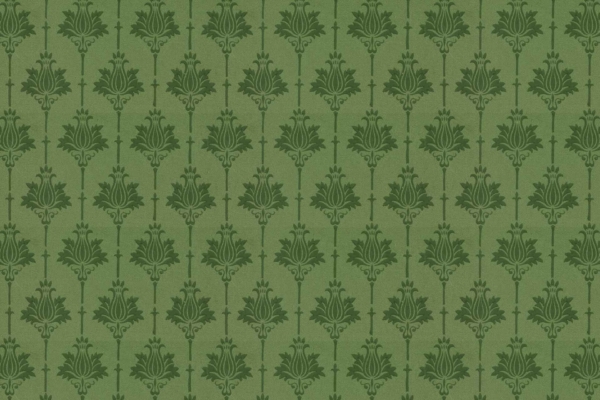 Decorative wallpaper pattern with dark green floral motifs on a lighter green background. The vertically oriented motifs are evenly spaced in rows and columns, offering a subtle design. Colors: dark green for the floral elements, light green for the background.