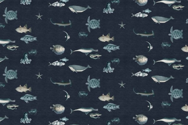 A seamless wallpaper pattern showcasing detailed illustrations of marine creatures such as whales, sea turtles, octopuses, starfish, fish, and crabs on a dark background. The design features muted colors with narrow lines.