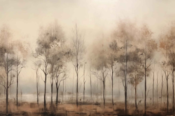 The wallpaper showcases a serene scene with a row of tall, leafless trees standing by a calm body of water. The foggy atmosphere envelops the landscape, creating muted shades of browns and grays. This tranquil and ethereal ambiance portrays nature as an elegant queen reigning over her peaceful kingdom.