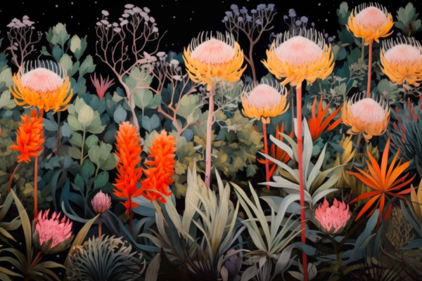 Wallpaper features a vibrant, dense garden at night with tall yellow and orange protea flowers, green foliage, and colorful blooms. Dark, starry sky creates contrast with bright plant details. Colors: yellow, orange, green; Elements: protea flowers, dense foliage, starry night sky.