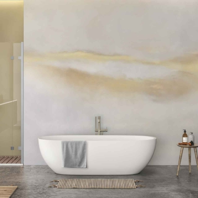 The wallpaper features a minimalist botanical design with delicate green leaves and branches on a white background. The subtle pattern adds a touch of nature-inspired elegance, complementing the modern bathroom's serene atmosphere.